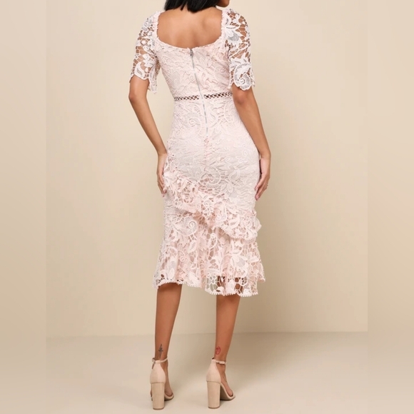 Lulus Briarwood Blush Pink Lace Short-Sleeve Trumpet Hem Ruffled Midi Dress - Picture 3 of 16